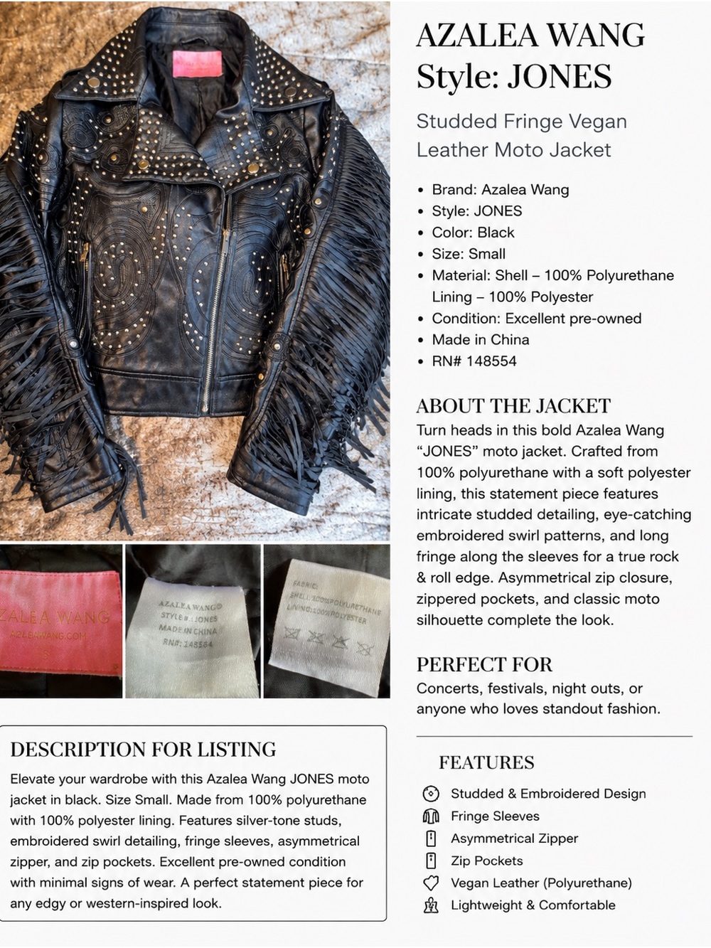 Black Studded Fringe Vegan Leather Moto Jacket - JONES